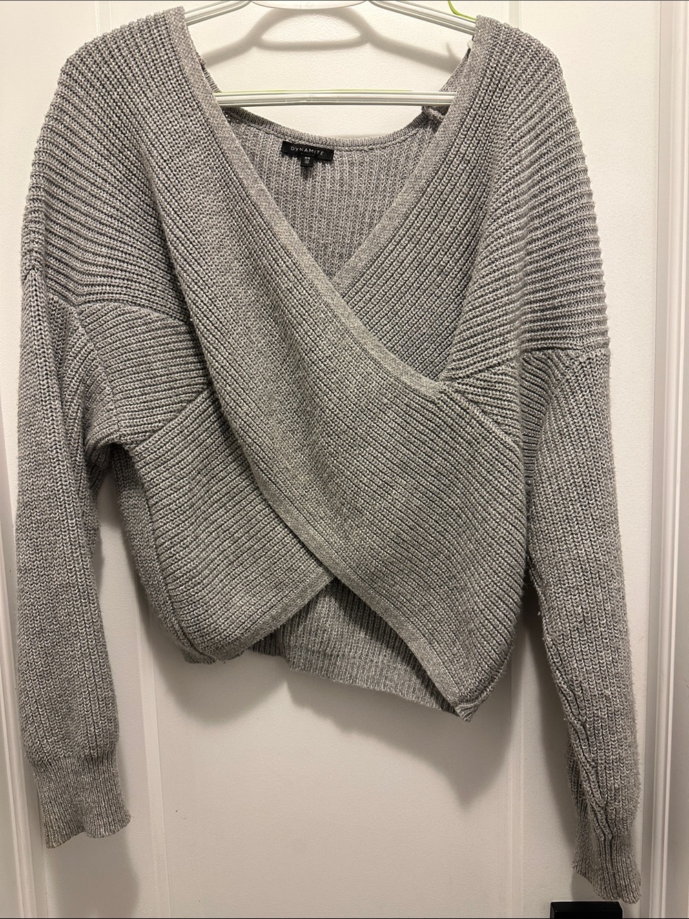 Dynamite Light Gray Cropped Wrap V-Neck Sweater